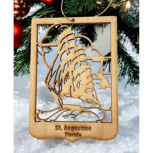 Vintage Wooden Ship Christmas Tree Ornament St Augustine Florida Nautical Boat